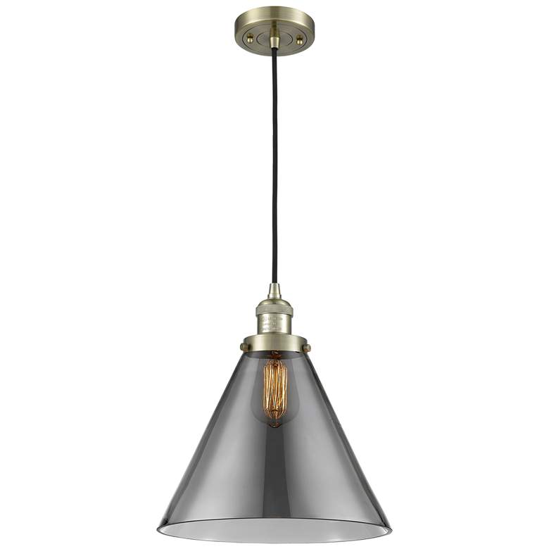 Image 1 Franklin Restoration Cone 12" Brass Corded Mini Pendant w/ Smoke Shade