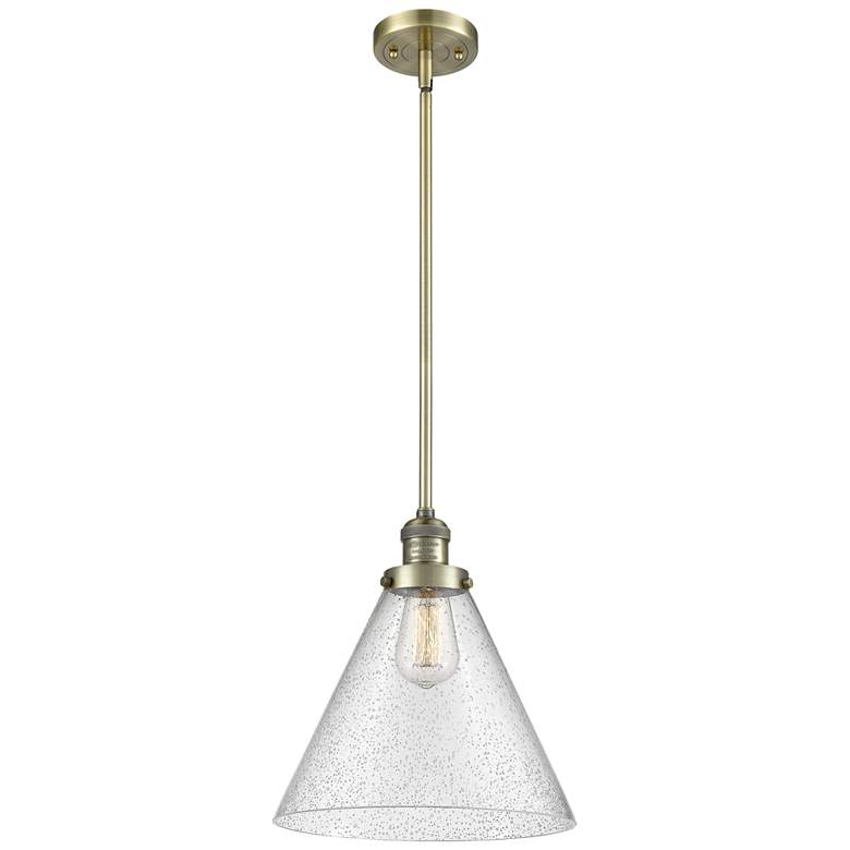 Image 1 Franklin Restoration Cone 12" Brass Stemmed Mini Pendant w/ Seedy Shad