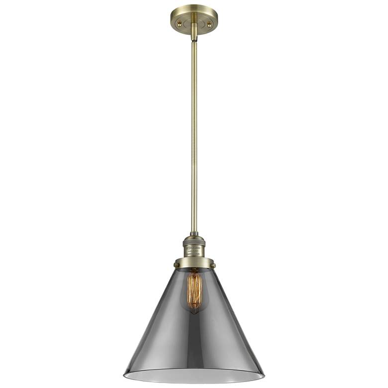 Image 1 Franklin Restoration Cone 12" Brass Stemmed Mini Pendant w/ Smoke Shad