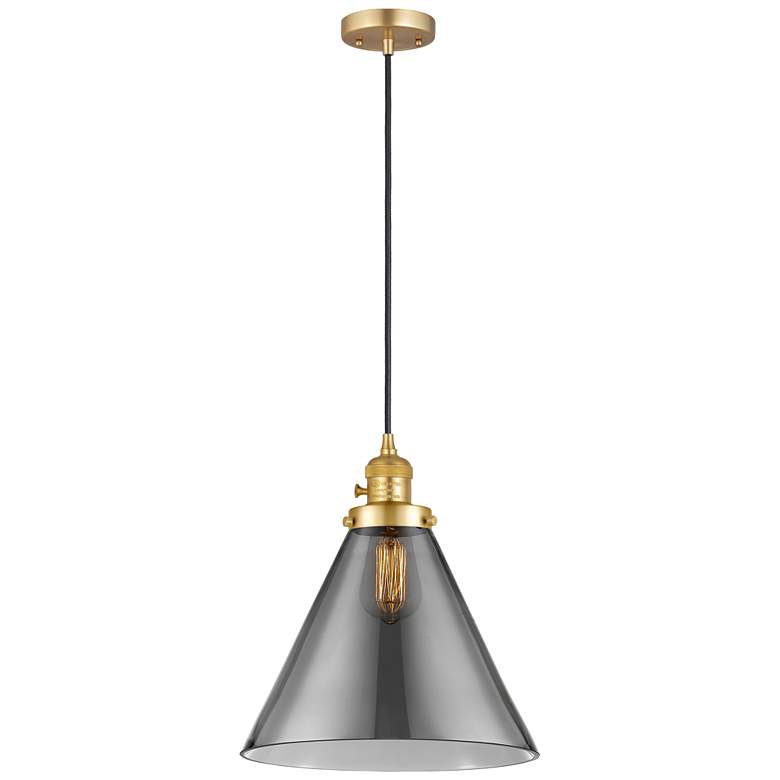 Image 1 Franklin Restoration Cone 12" Mini Pendant - Satin Gold - Plated Smoke