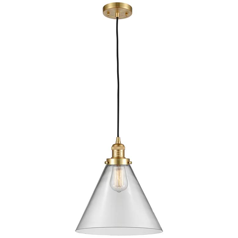 Image 1 Franklin Restoration Cone 12" Satin Gold Corded Mini Pendant w/ Clear
