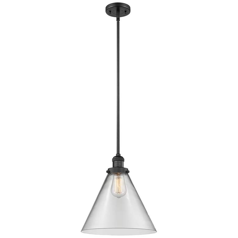 Image 1 Franklin Restoration Cone 16" Black LED Stem Hung Pendant w/ Clear Sha