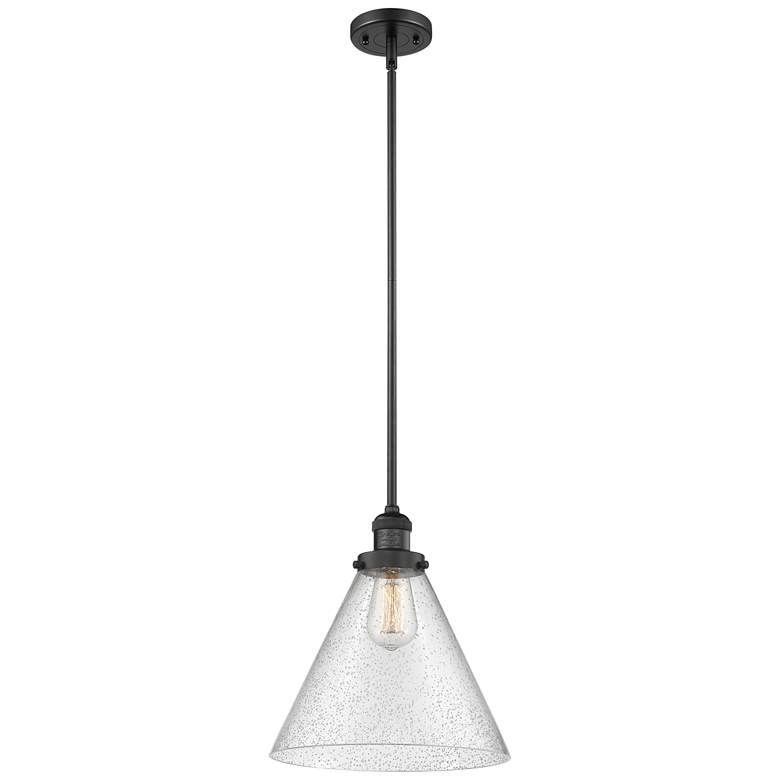 Image 1 Franklin Restoration Cone 16" Black LED Stem Hung Pendant w/ Seedy Sha