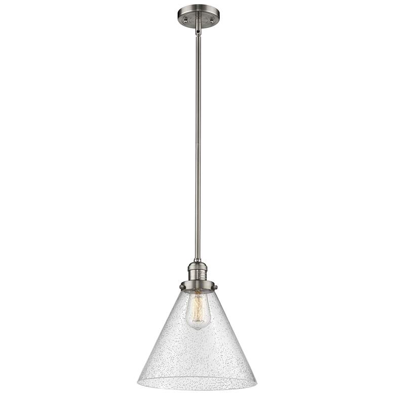 Image 1 Franklin Restoration Cone 16" Nickel LED Stem Hung Pendant w/ Seedy Sh