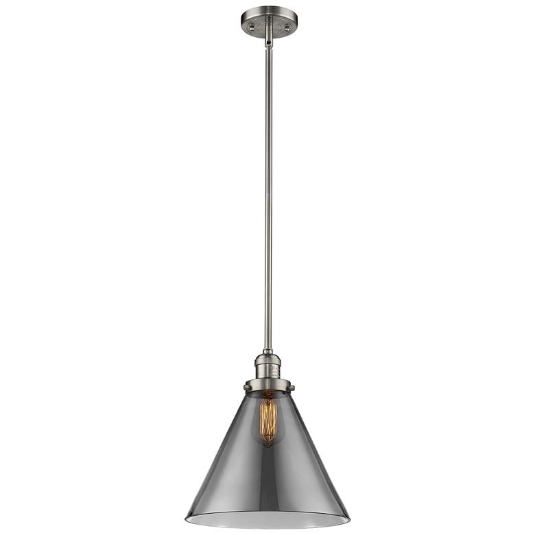 Image 1 Franklin Restoration Cone 16" Nickel LED Stem Hung Pendant w/ Smoke Sh