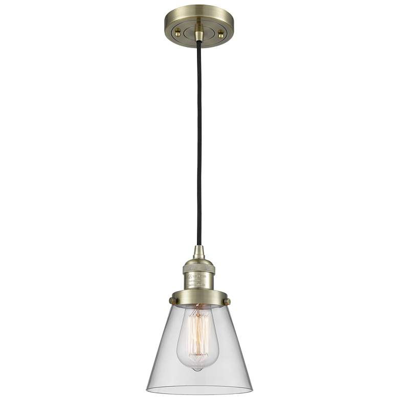 Image 1 Franklin Restoration Cone 6" Brass Corded Mini Pendant w/ Clear Shade
