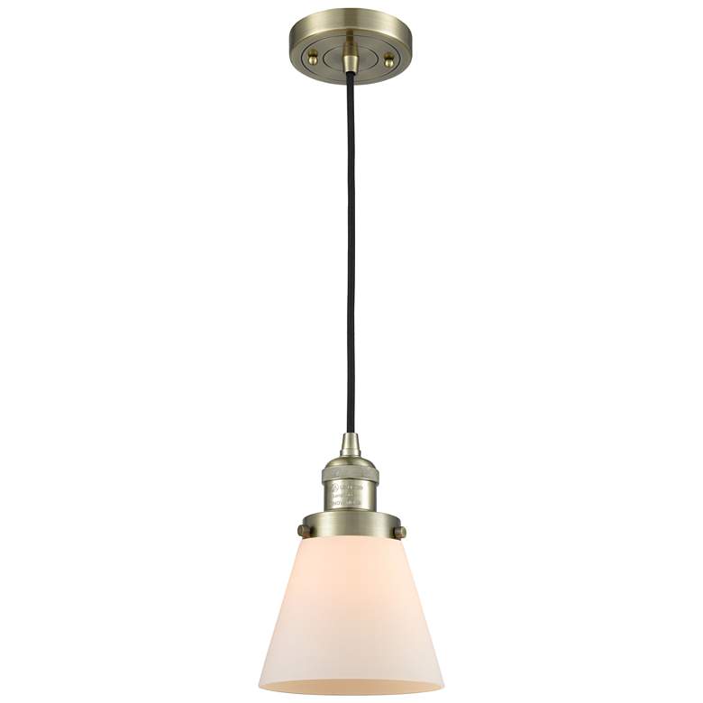 Image 1 Franklin Restoration Cone 6" Brass Corded Mini Pendant w/ White Shade