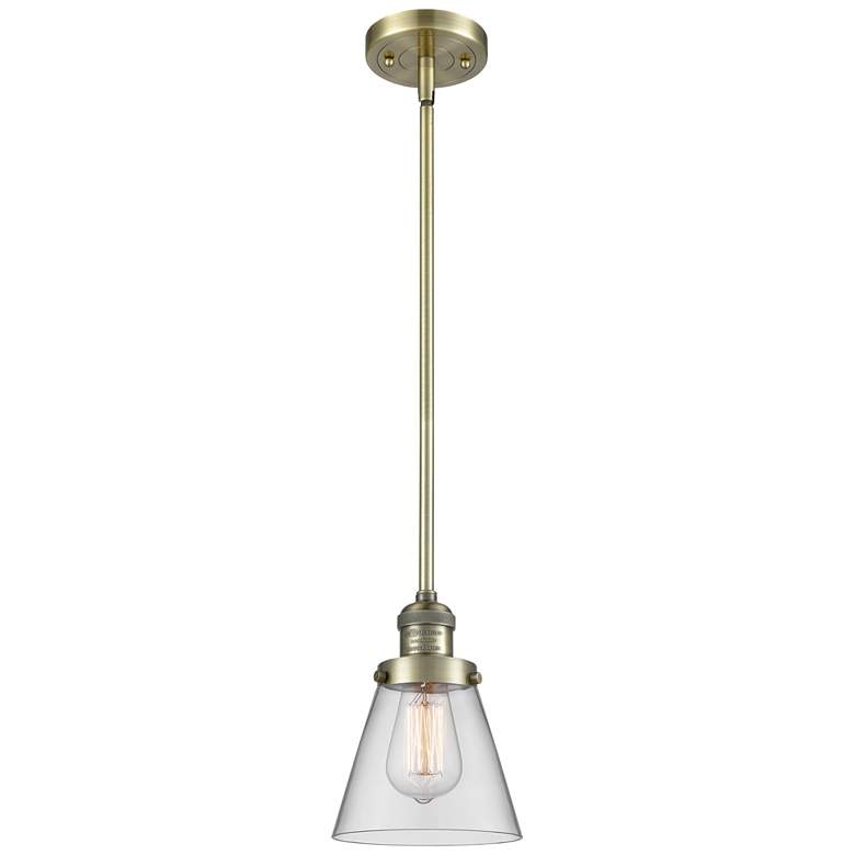 Image 1 Franklin Restoration Cone 6" Brass Stemmed Mini Pendant w/ Clear Shade