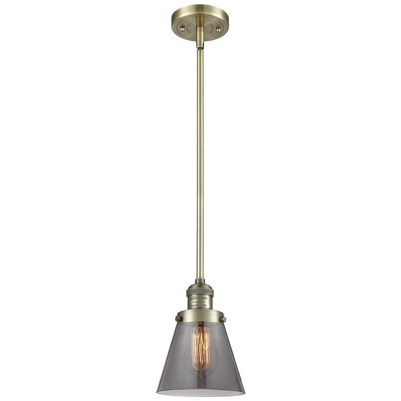 Image 1 Franklin Restoration Cone 6" Brass Stemmed Mini Pendant w/ Smoke Shade