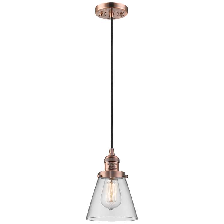 Image 1 Franklin Restoration Cone 6" Copper Corded Mini Pendant w/ Clear Shade