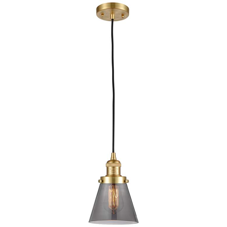 Image 1 Franklin Restoration Cone 6" Satin Gold Corded Mini Pendant w/ Smoke S