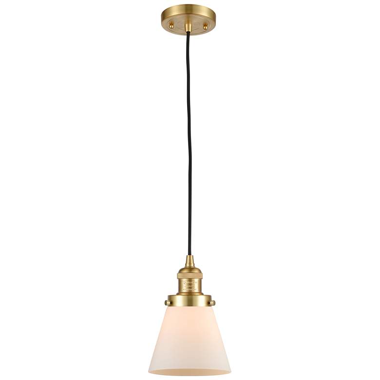 Image 1 Franklin Restoration Cone 6" Satin Gold Corded Mini Pendant w/ White S