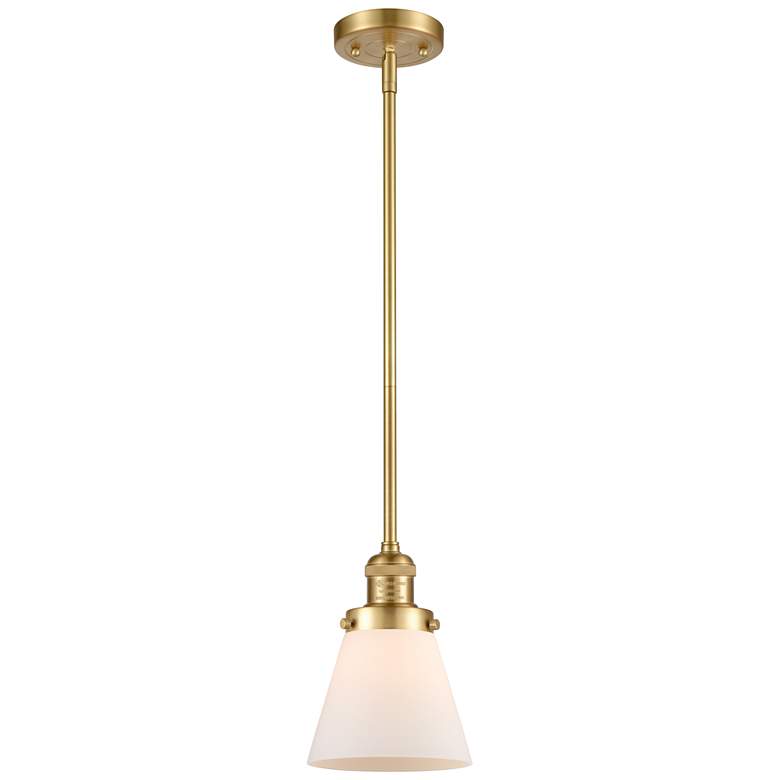 Image 1 Franklin Restoration Cone 6" Satin Gold Stemmed Mini Pendant w/ White