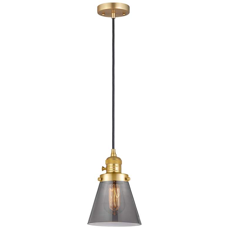 Image 1 Franklin Restoration Cone 6" Mini Pendant - Satin Gold - Plated Smoke Shade