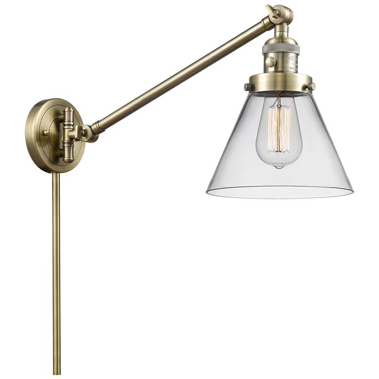 Image 1 Franklin Restoration Cone 8" Antique Brass LED Swing Arm With Clear Sh