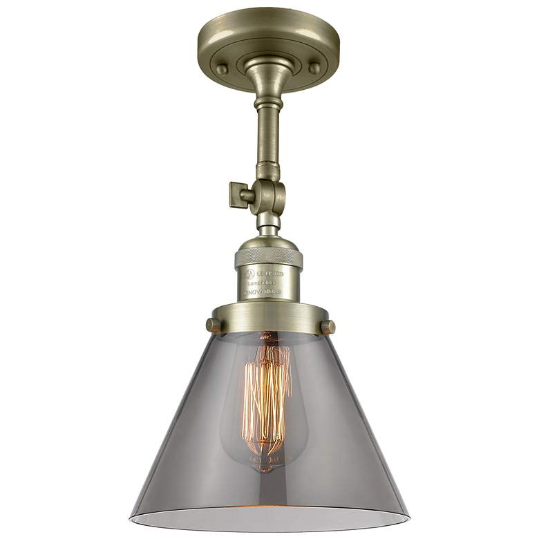 Image 1 Franklin Restoration Cone 8" Antique Brass Semi Flush Mount w/ Smoke S
