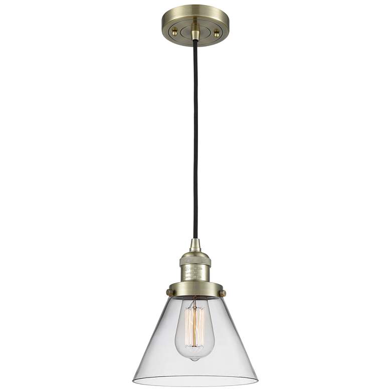 Image 1 Franklin Restoration Cone 8" Brass Corded Mini Pendant w/ Clear Shade