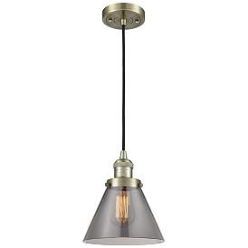 Image1 of Franklin Restoration Cone 8" Brass Corded Mini Pendant w/ Smoke Shade
