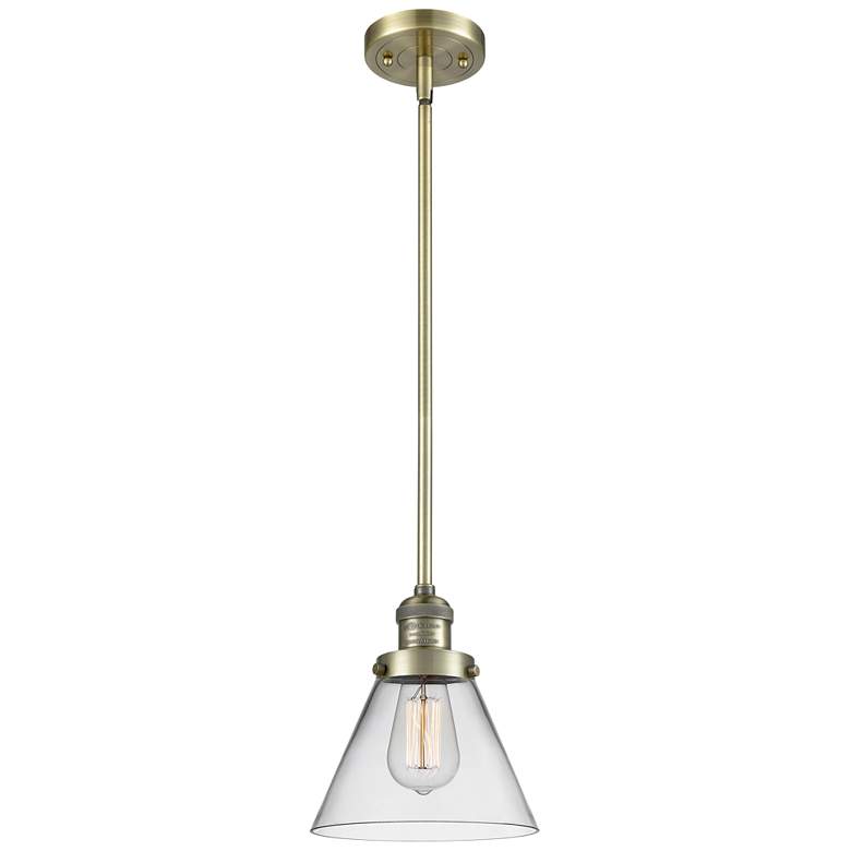 Image 1 Franklin Restoration Cone 8" Brass Stemmed Mini Pendant w/ Clear Shade