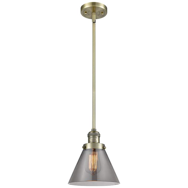 Image 1 Franklin Restoration Cone 8" Brass Stemmed Mini Pendant w/ Smoke Shade