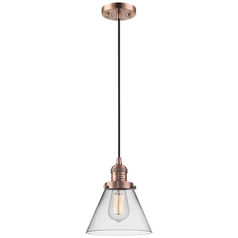 Image 1 Franklin Restoration Cone 8" Copper Corded Mini Pendant w/ Clear Shade
