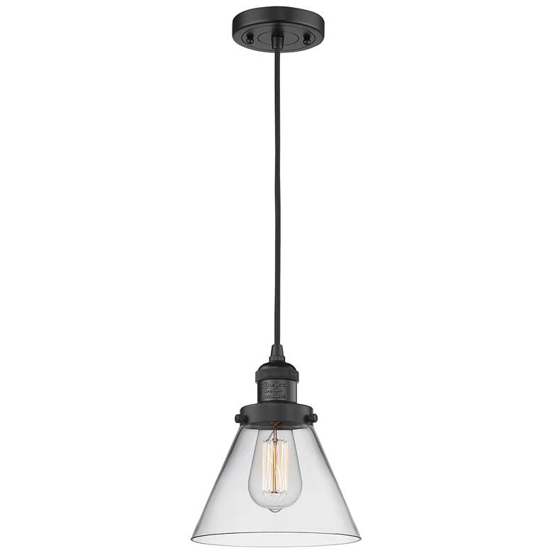 Image 1 Franklin Restoration Cone 8" Matte Black Corded Mini Pendant w/ Clear