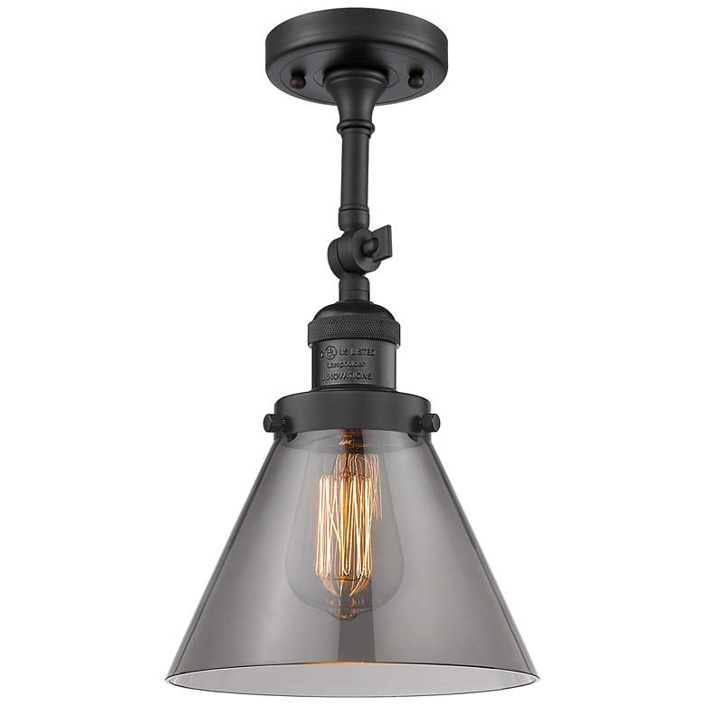 Image 1 Franklin Restoration Cone 8" Matte Black Semi Flush Mount w/ Smoke Sha