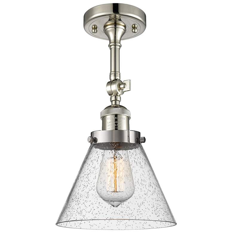 Image 1 Franklin Restoration Cone 8" Polished Nickel Semi Flush w/ Seedy Shade