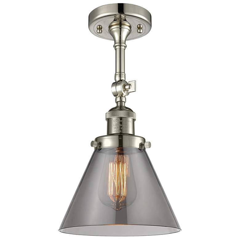 Image 1 Franklin Restoration Cone 8 inch Polished Nickel Semi Flush w/ Smoke Shade