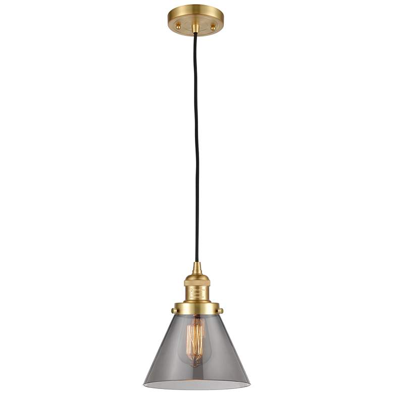 Image 1 Franklin Restoration Cone 8" Satin Gold Corded Mini Pendant w/ Smoke S