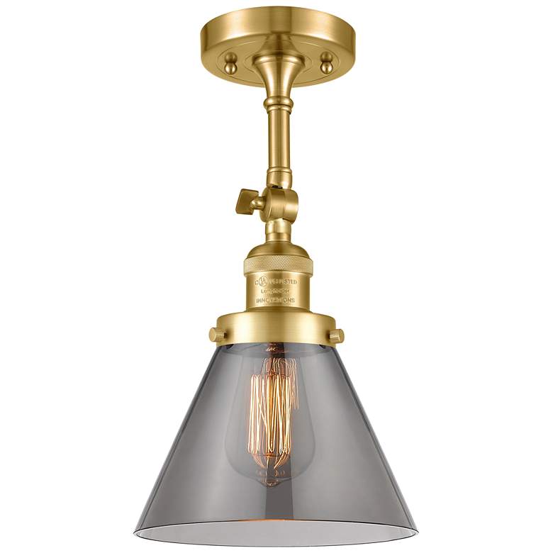 Image 1 Franklin Restoration Cone 8" Satin Gold Semi Flush Mount w/ Smoke Shad