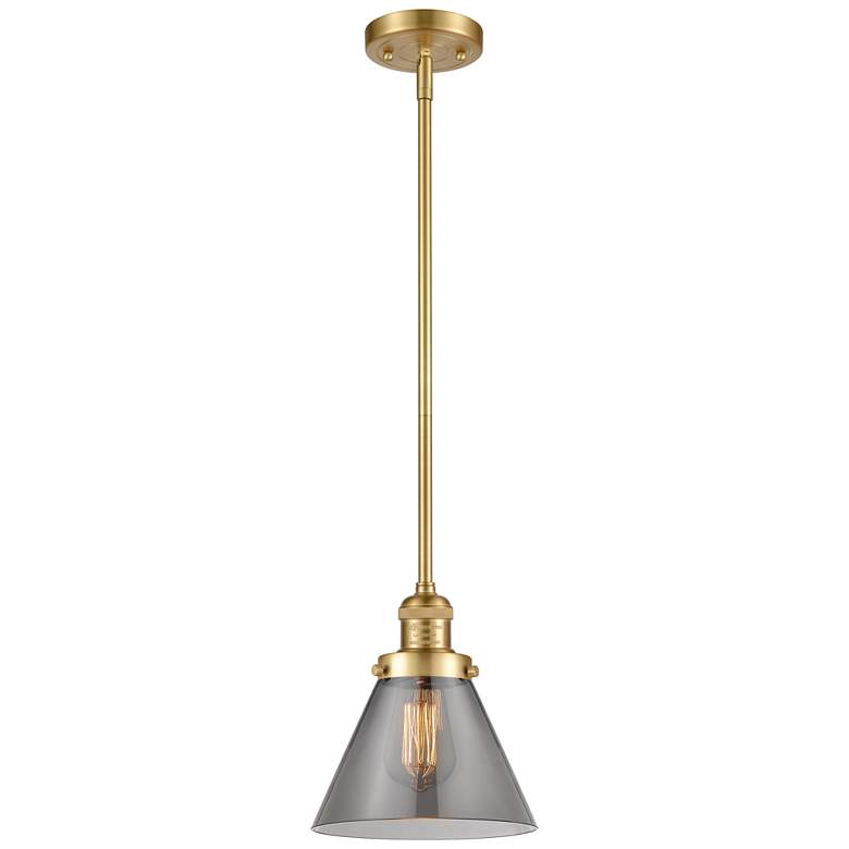 Image 1 Franklin Restoration Cone 8" Satin Gold Stemmed Mini Pendant w/ Smoke