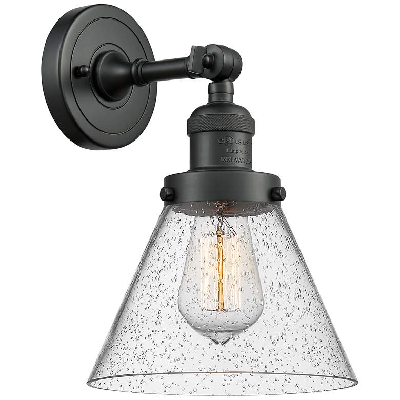 Image 1 Franklin Restoration Cone 8"H Black Sconce w/ Seedy Glass