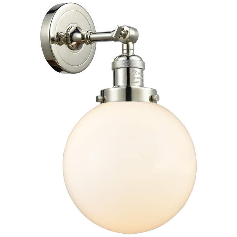 Image 1 Franklin Restoration Large Beacon 8" Polished Nickel Sconce w/ White S