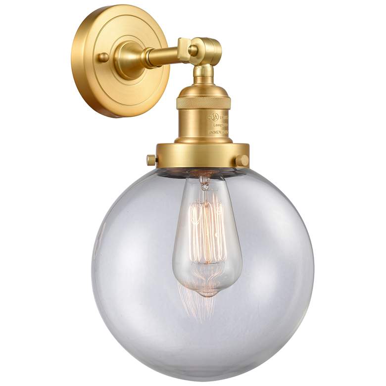 Image 1 Franklin Restoration Large Beacon 8" Satin Gold Sconce w/ Clear Shade