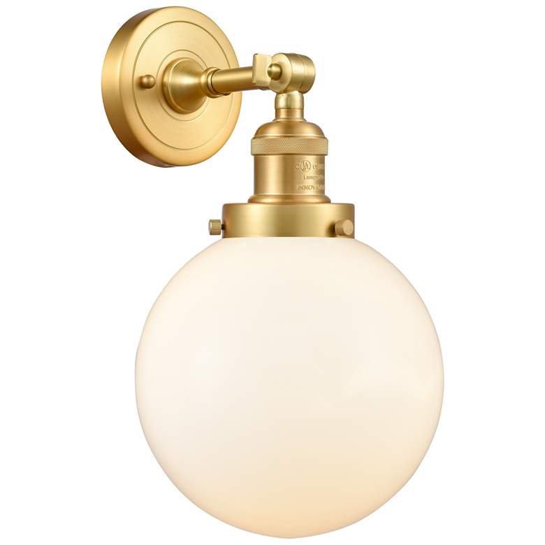 Image 1 Franklin Restoration Large Beacon 8" Satin Gold Sconce w/ Matte White