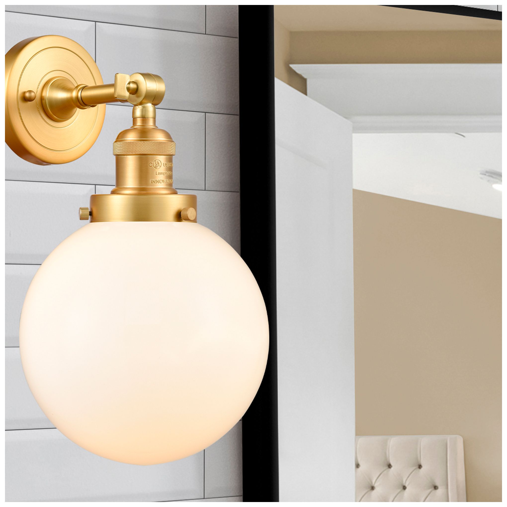 Image 4 Franklin Restoration Large Beacon 8" Satin Gold Sconce w/ Matte White  more views