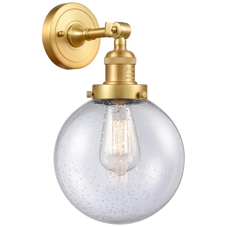 Image 1 Franklin Restoration Large Beacon 8" Satin Gold Sconce w/ Seedy Shade