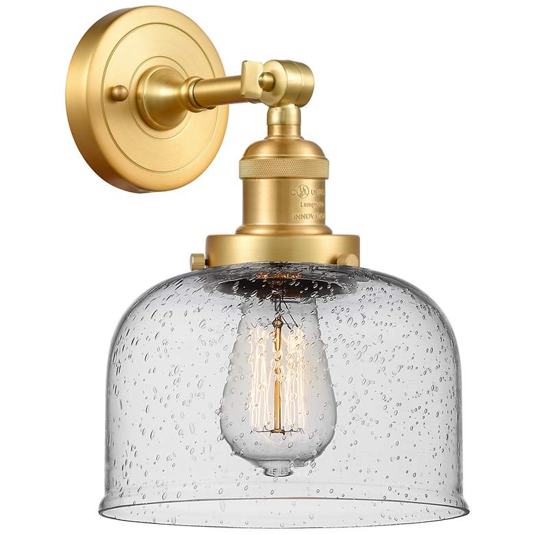 Image 1 Franklin Restoration Large Bell 8" Satin Gold Sconce w/ Seedy Shade