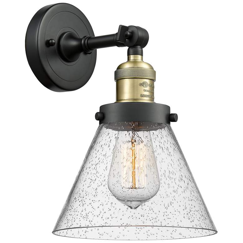 Image 1 Franklin Restoration Large Cone 8" Black Brass Sconce w/ Seedy Shade