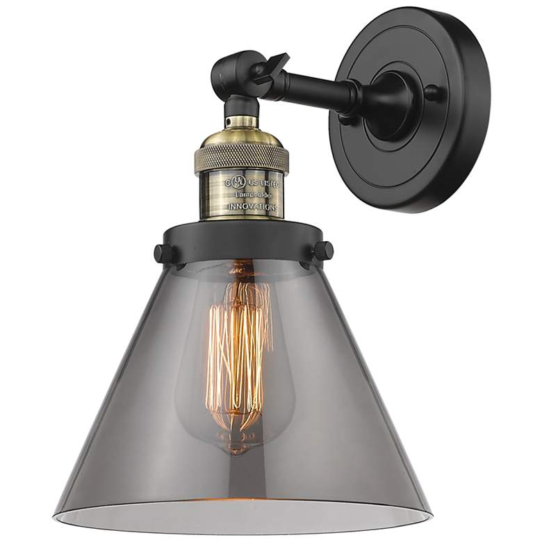 Image 1 Franklin Restoration Large Cone 8" Black Brass Sconce w/ Smoke Shade