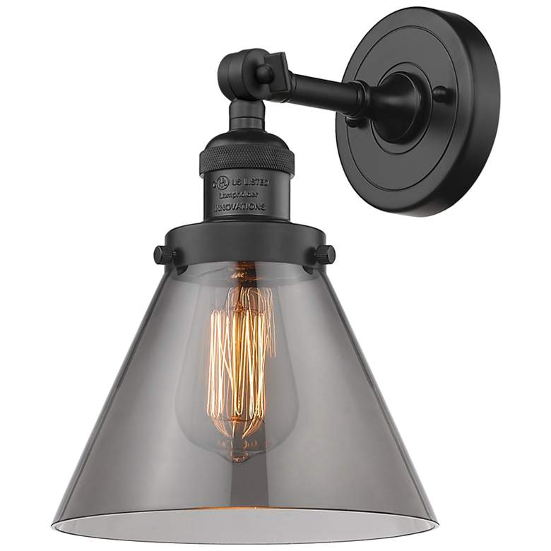 Image 1 Franklin Restoration Large Cone 8" Matte Black Sconce w/ Plated Smoke