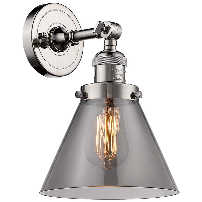 Image 1 Franklin Restoration Large Cone 8" Polished Nickel Sconce w/ Smoke Sha