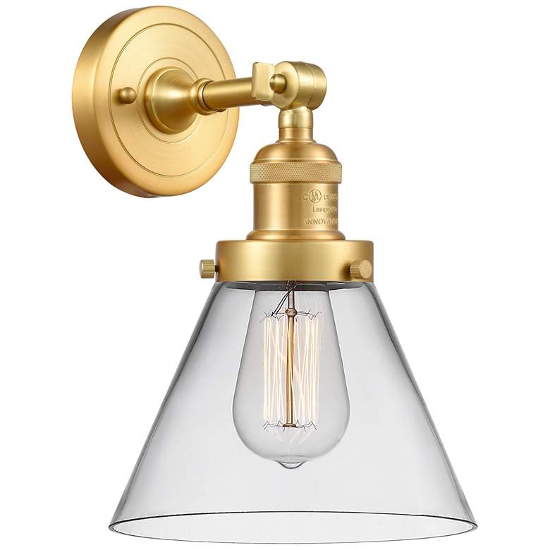 Image 1 Franklin Restoration Large Cone 8" Satin Gold Sconce w/ Clear Shade