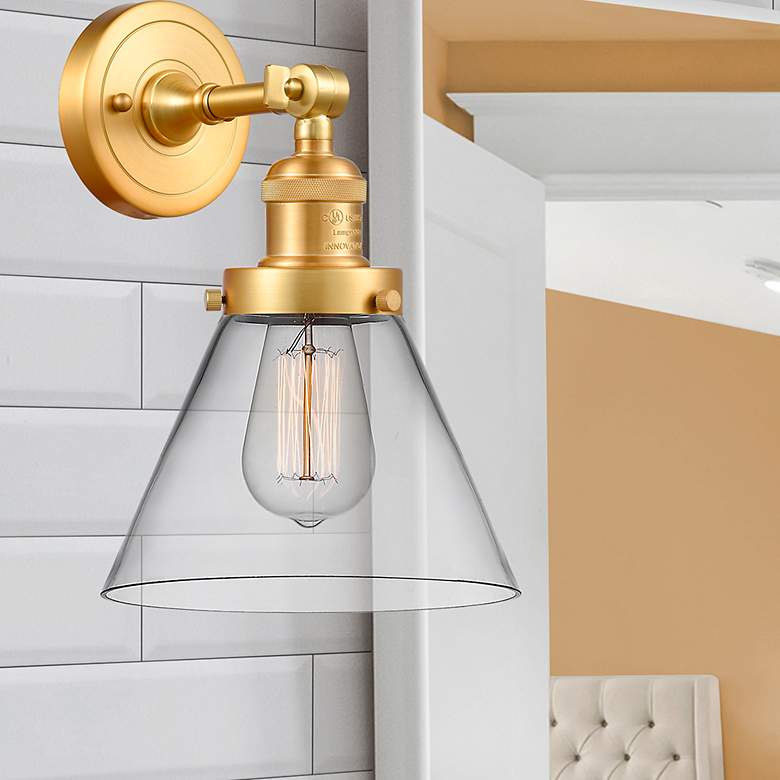 Image 1 Franklin Restoration Large Cone 8" Satin Gold Sconce w/ Clear Shade