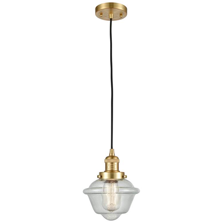 Image 1 Franklin Restoration Oxford 8" Gold Corded Mini Pendant w/ Seedy Shade