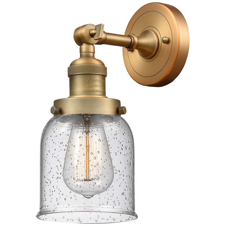 Image 1 Franklin Restoration Small Bell 5" Brushed Brass Sconce w/ Seedy Shade