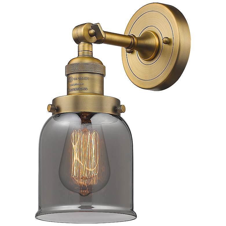 Image 1 Franklin Restoration Small Bell 5" Brushed Brass Sconce w/ Smoke Shade