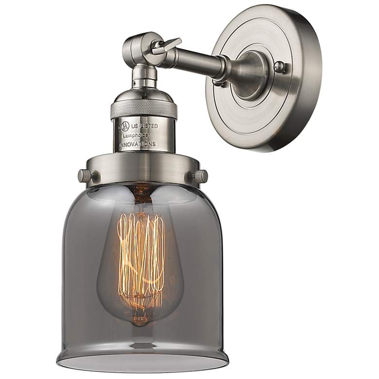 Image 1 Franklin Restoration Small Bell 5" Brushed Nickel Sconce w/ Smoke Shad