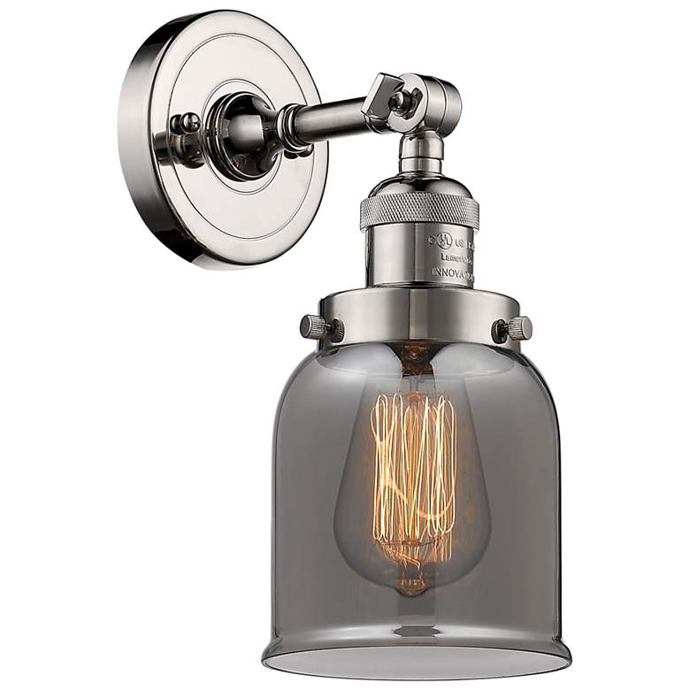 Image 1 Franklin Restoration Small Bell 5" Polished Nickel Sconce w/ Smoke Sha